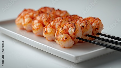 Grilled Shrimp Skewers on White Plate, Studio Shot photo