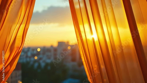 A view from the window through slightly opened yellow curtains of the city and sky. The curtains flutter in the wind and open up a view of the street.