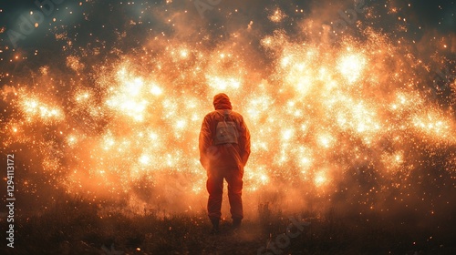 A pyrotechnician in an orange suit stands silhouetted against a vibrant fiery explosion in a fierce light photo