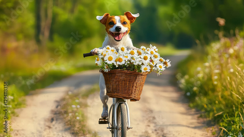 Happy dog on bicycle with daisies in basket, sunny countryside ride