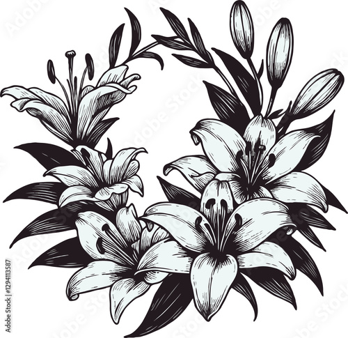 PNG Hand drawn botanical illustration vintage floral wreath flowers, lily buds, engraved black and white frame, decorative elements of plants, spring blossom pattern, blooming lilies sketch