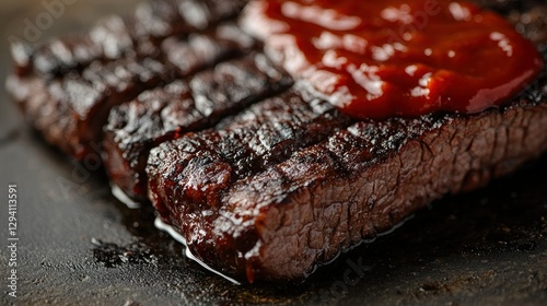 Grilled steak slices with BBQ sauce on dark surface photo