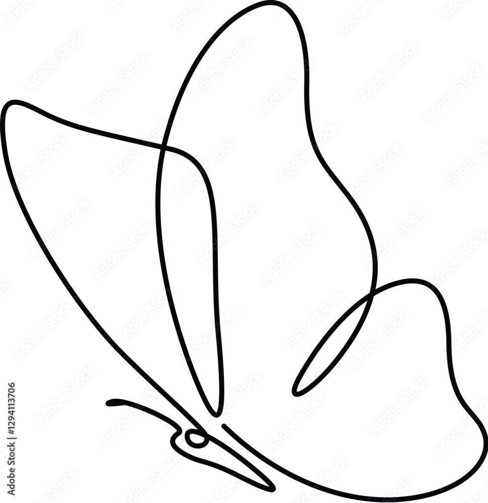 Half Butterfly single-line art isolated on white background. 
