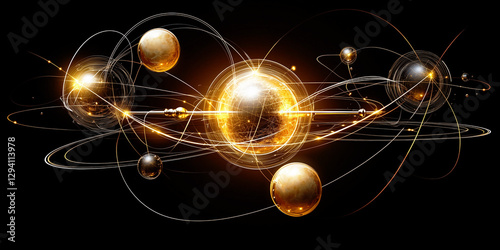Futuristic golden sphere with glowing energy orbits on dark cosmic background