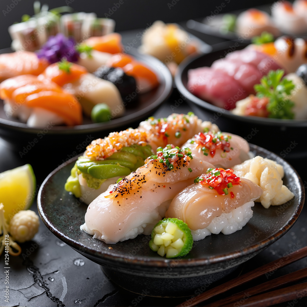 premium sushi roll platters--the Yuzu Citrus Roll, an Avocado Roll, and a Tuna Roll, each with distinct toppings premium sushi roll platters--the Yuzu Citrus Roll, an Avocado Roll, and a Tuna Roll, each with distinct toppings