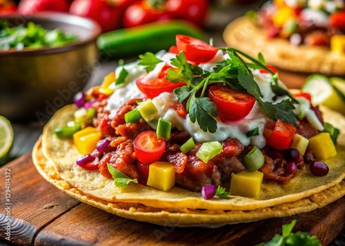 Macro Photography of Tlayuda Toppings: Crispy Tortilla, Beans, Cheese, and Oaxacan Ingredients photo