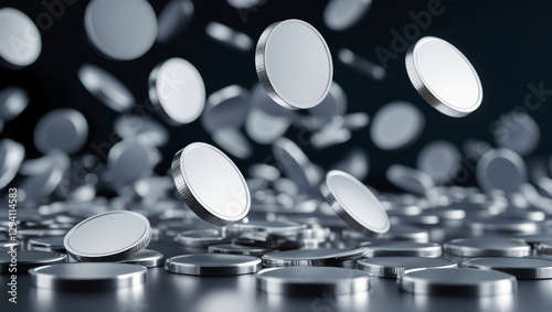 Floating Silver Coins – 3D Metallic Currency Falling in the Air, Shiny and Blank, Perfect for Finance, Banking, Investment, Trading, and Digital Money Concepts on black background