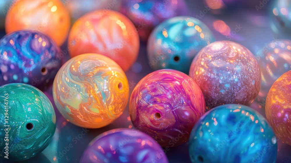 Colorful bowling balls on the alley in a brightly lit, colorful sports bar with a blurred background. Bowling game concept. Colorful bowling balls on the alley in a brightly lit, colorful sports bar with a blurred background. Bowling game concept.