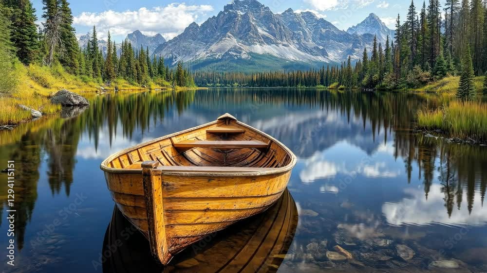 Wooden boat sails on water against the backdrop of dense green forest and majestic mountains. Magnificent landscape with mountains, forest and pond. Wooden boat sails on water against the backdrop of dense green forest and majestic mountains. Magnificent landscape with mountains, forest and pond.