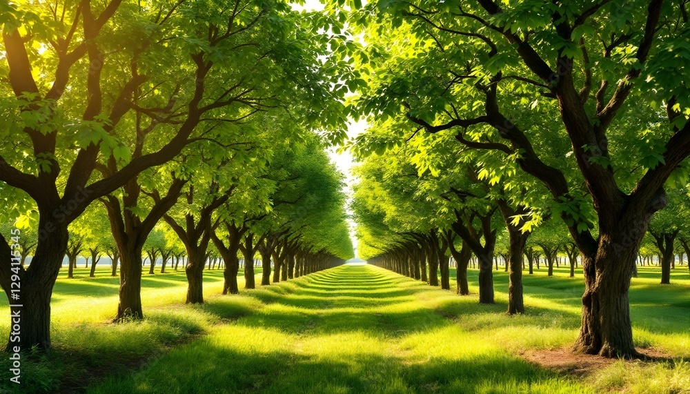 Obraz premium Lush green orchard, sunlit tree-lined path, vibrant grass, symmetrical rows of trees, golden hour lighting