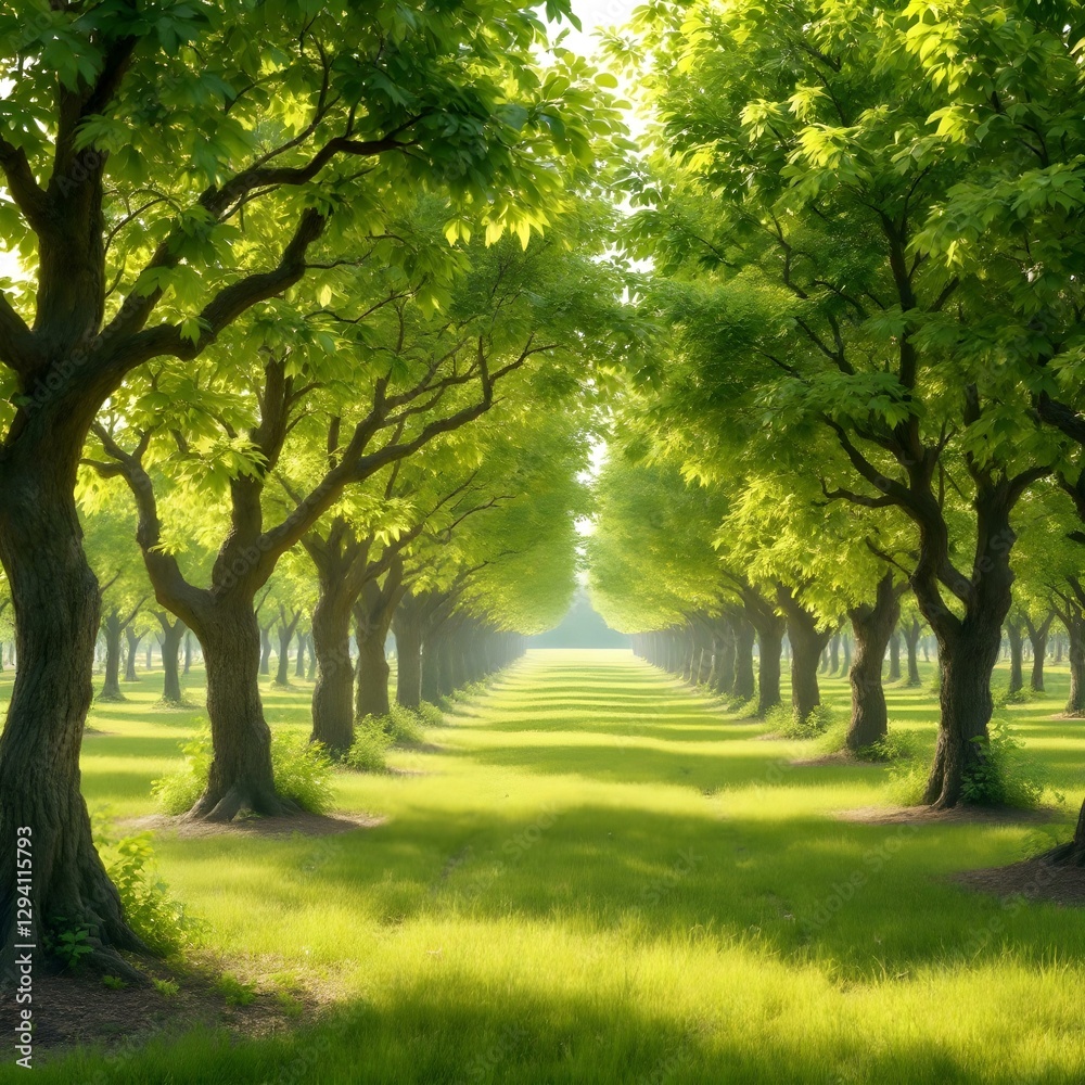 Naklejka premium Lush green orchard, sunlit tree-lined path, vibrant grass, symmetrical rows of trees, golden hour lighting
