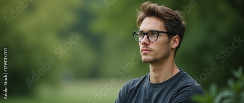 Thoughtful young man with glasses gazing outdoors in nature