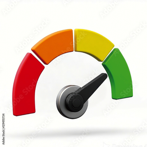 3d Speedometer icon. Minimal Status Speedometer with arrow scale gauge. Green, Yellow, Orange, Red Status color or low, medium, high arrow scale performance status icon. Credit rating score. 3d render