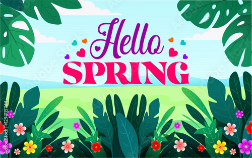Cute Hello Spring card or horizontal poster for spring holidays with green tropical leaves and flowers. Best for poster banner card and social media posts.