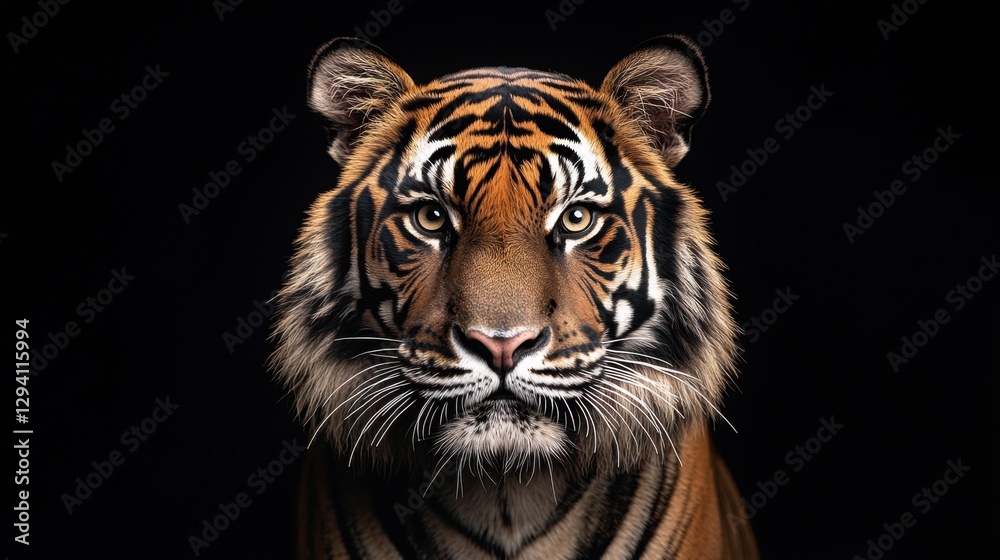 Fototapeta premium Majestic tiger portrait against a black background, showcasing its fierce gaze and striking patterns.