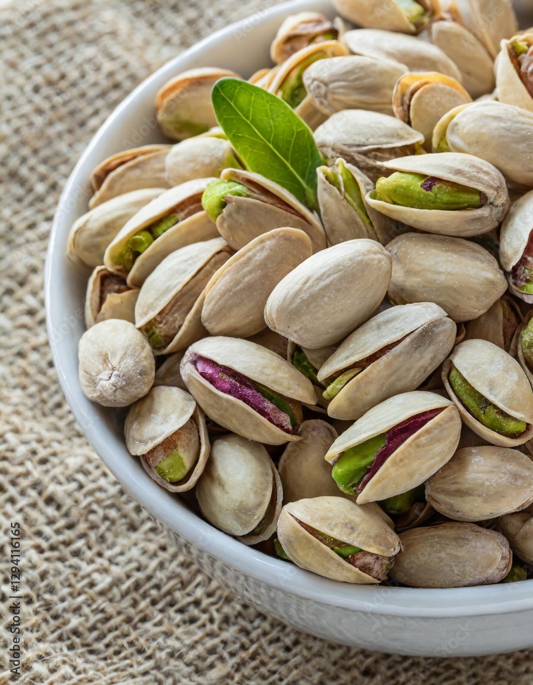 Pistachio Kernels, Roasted and Salted Nuts in a White Bowl on Linen Fabric – Shelled Pistacia Vera, Crunchy Toasted and Salted Snack, Close-Up from Above Pistachio Kernels, Roasted and Salted Nuts in a White Bowl on Linen Fabric – Shelled Pistacia Vera, Crunchy Toasted and Salted Snack, Close-Up from Above