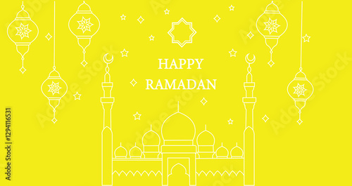 Ramadan 2025 Crescent Moon and Stars Vector Illustration – Islamic Festive Design with Hanging Lanterns and Ornaments on Transparent Background.