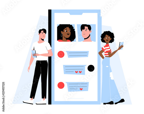 Online Dating and Messaging App in Flat Vector Illustration Symbolizing Digital Romance, Social Connection, and Virtual Relationships, Isolated on White Background