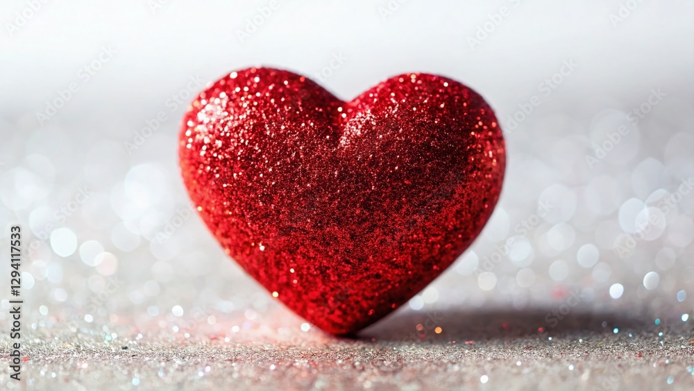 Obraz premium Macro Red Glitter Heart, Valentine's Day, Isolated White Background Stock Photo