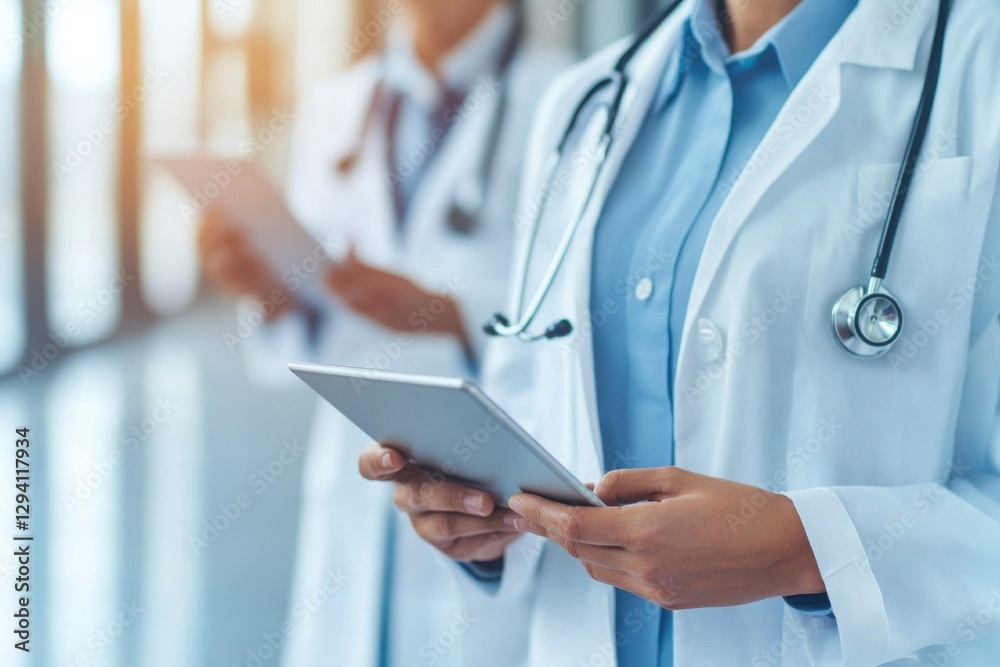 Medical Researchers in Lab Coats Analyzing Data with Tablets Medical Researchers in Lab Coats Analyzing Data with Tablets
