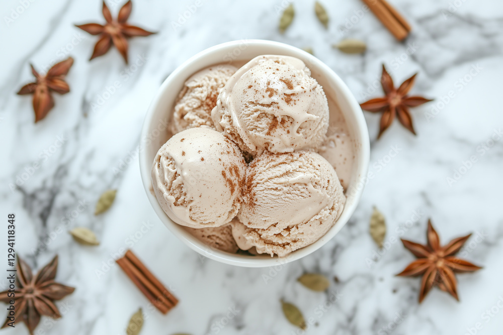 Creamy chai spice ice cream with hints of cinnamon and cardamom, surrounded by spices. delightful treat for spice lovers