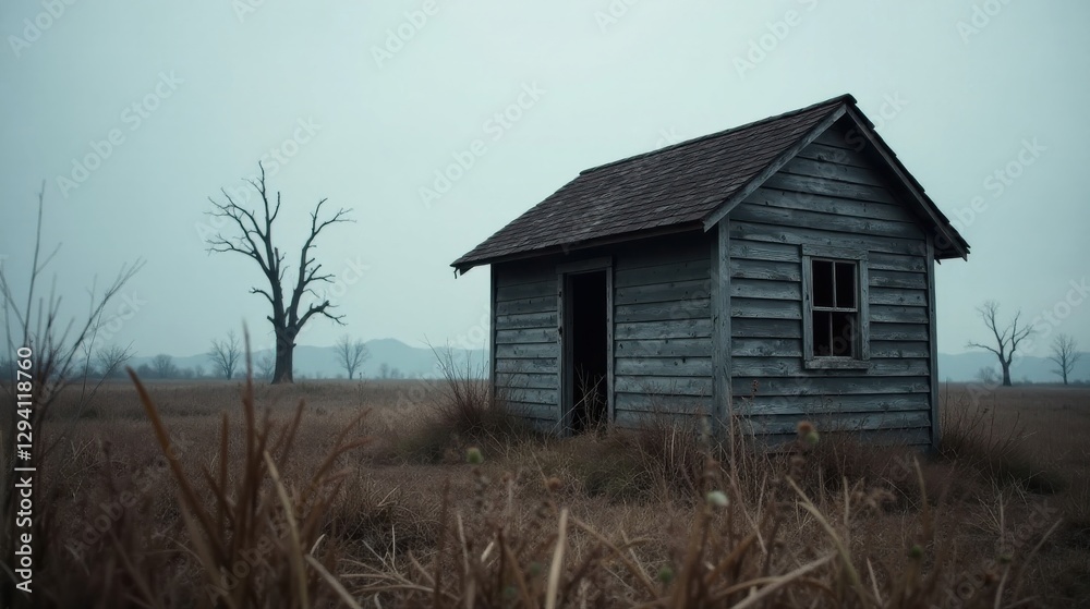 Fototapeta premium A weathered gray wooden shack stands alone in a desolate, dry field, shadowed by leafless trees under a pale sky, hinting at forgotten stories and quiet solitude.