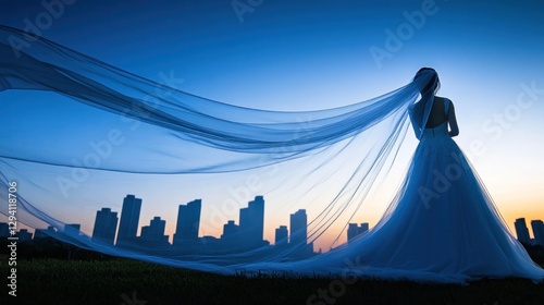 Fototapeta Naklejka Na Ścianę i Meble -  Dramatic silhouette of a bride with veil flowing against city skyline at dusk