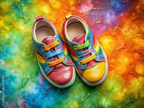 Colorful Kids Shoes Flat Lay: Top View Macro Photography Copy Space