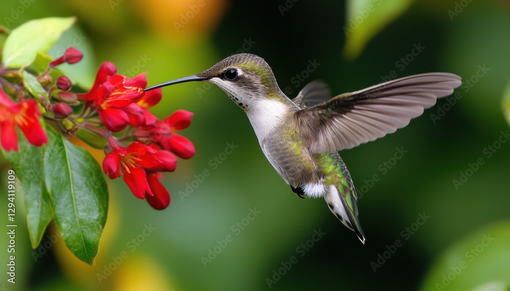 Fototapeta premium A vibrant hummingbird hovering near red flowers in a lush green background.