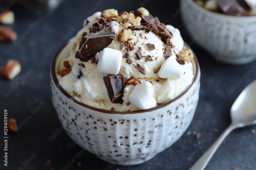Decadent ice cream topped with chocolate, marshmallows, and nuts, served in decorative bowl. delightful treat for dessert lovers Decadent ice cream topped with chocolate, marshmallows, and nuts, served in decorative bowl. delightful treat for dessert lovers