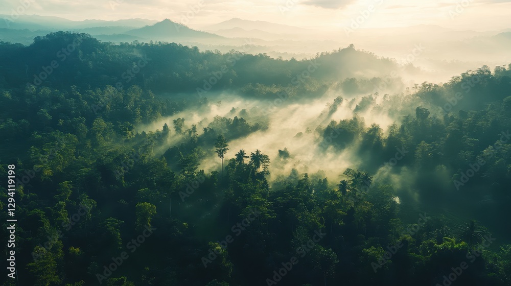 Serene Aerial View of Lush Green Forest with Mist and Mountains Serene Aerial View of Lush Green Forest with Mist and Mountains