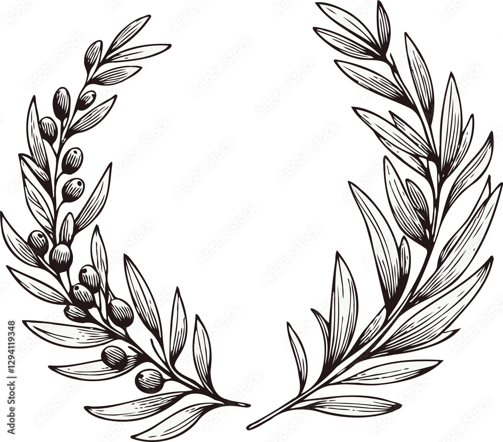 Obraz premium PNG Laurel Motif, floral wreath symbol. A wreath with leaves and a symbol for the winner of the contest. Outline olive branch. Hand drawn black and white line art, Illustration drawing, leaf engraving