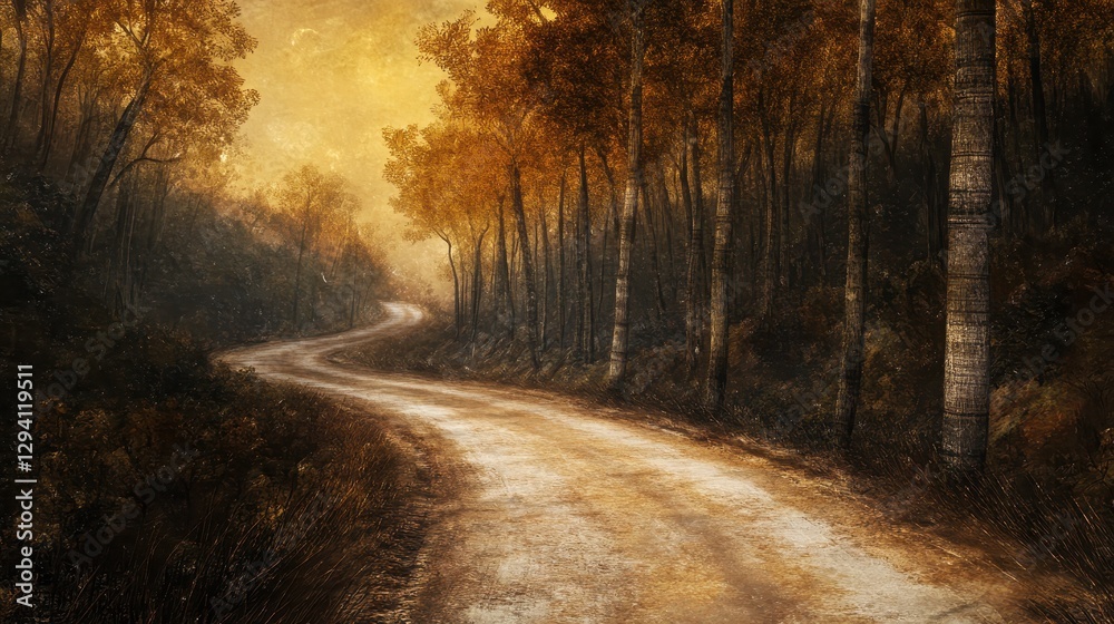 Obraz premium Serene Autumn Pathway Through Golden Leafy Forest Landscape