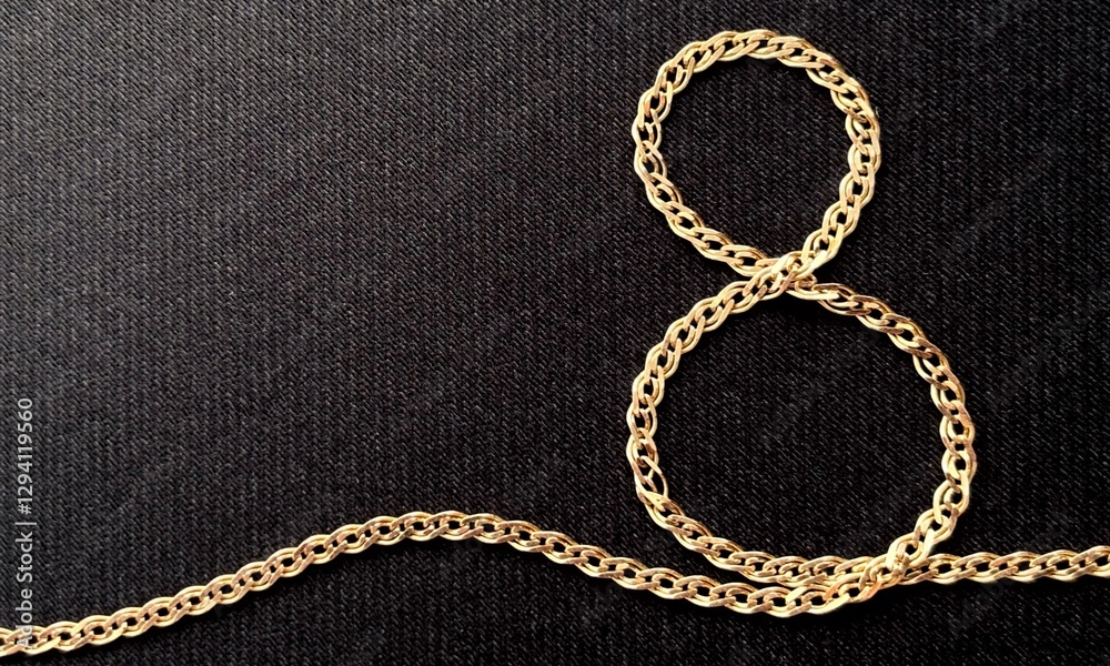 Fototapeta premium Stylish dark card for Women's Day March 8, figure eight made of gold chain on a textured black background. Celebrating International Women's Day. Concept March 8.