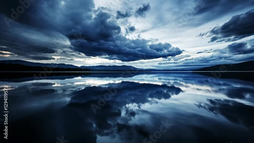 Mirror of the Heavens: A dramatic landscape unfolds as storm clouds loom over tranquil water, reflecting the sky's turbulent beauty.