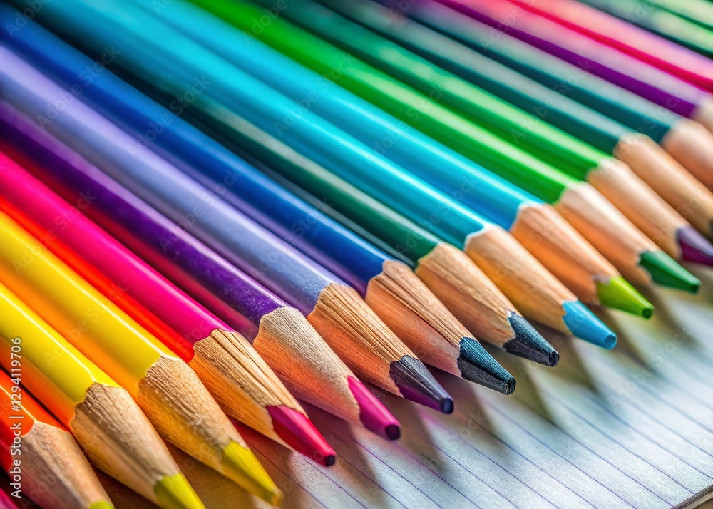 Colorful Pencils Arranged on Open Notebook - Creative Stationery Stock Photo