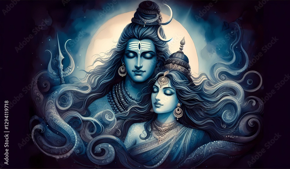 Sacred Bond of Shiva and Parvati – Ethereal Blue Spiritual Artwork Sacred Bond of Shiva and Parvati – Ethereal Blue Spiritual Artwork