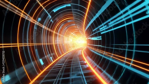 Digital Highway: a visually striking perspective down a futuristic digital tunnel, illuminated with vibrant orange and blue lights, symbolizing data flow, technology and the path of progress. 