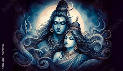 Sacred Bond of Shiva and Parvati – Ethereal Blue Spiritual Artwork