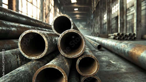 Industrial Pipes in Factory: An evocative image featuring a collection of weathered industrial pipes arranged within the depths of a sprawling factory setting.