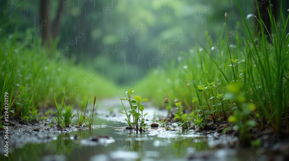 Peaceful Spring Rain Falling on Young Plants Growing Through Puddle Path Peaceful Spring Rain Falling on Young Plants Growing Through Puddle Path