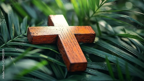 Wooden cross lies on green palm branches. Religious Christian holiday, Palm Sunday and Easter Day concept. Close-up of cross on palm branches.	