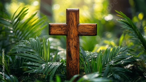 Wooden cross lies on green palm branches. Religious Christian holiday, Palm Sunday and Easter Day concept. Close-up of cross on palm branches.	