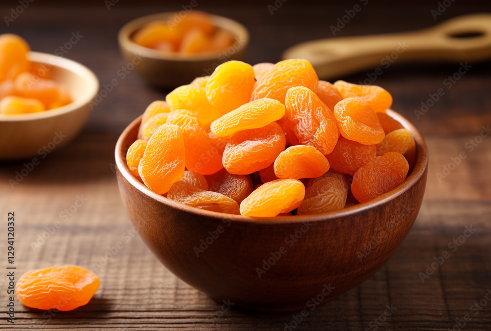 Dried apricots in a bowl placed on a wooden table Dried apricots in a bowl placed on a wooden table