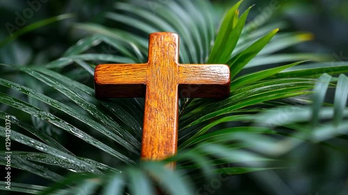 Wooden cross lies on green palm branches. Religious Christian holiday, Palm Sunday and Easter Day concept. Close-up of cross on palm branches.	