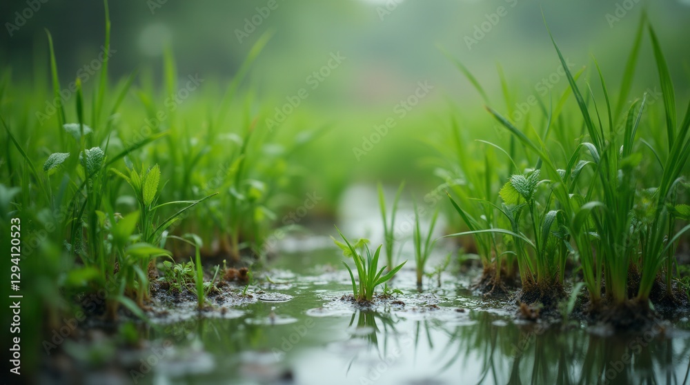 Peaceful Spring Grass Growing Through Rain Puddles in Garden Peaceful Spring Grass Growing Through Rain Puddles in Garden
