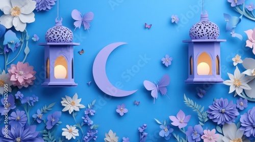 Pastel Ramadan lanterns, moon, flowers photo