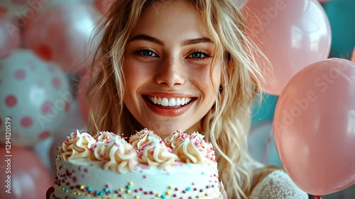 Woman holding cake. Smiling woman with birthday cake against background of balloons.