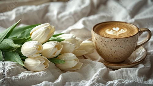 A bouquet of white tulips and a cup of coffee. Coffee in bed, romantic setting.