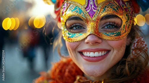 Brazilian woman wearing carnival mask and feathers. A joyful woman wearing a mask and feathers poses at a festival in Brazil.